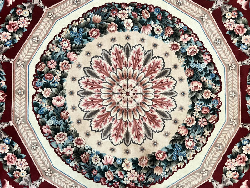 Chinese Aubusson Rug 9x12, Burgundy, Handmade Vintage Wool Carpet, Fine 210 KPSI, Elegant European Design by Jewel Rugs