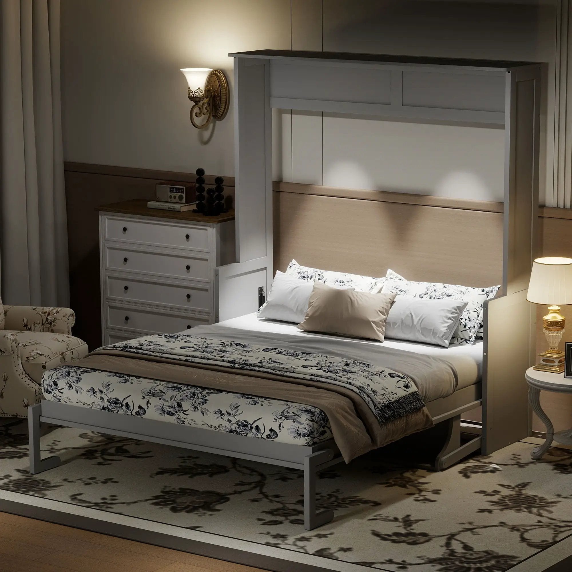 Murphy Bed With Desk, LED Lights & USB Charging Station