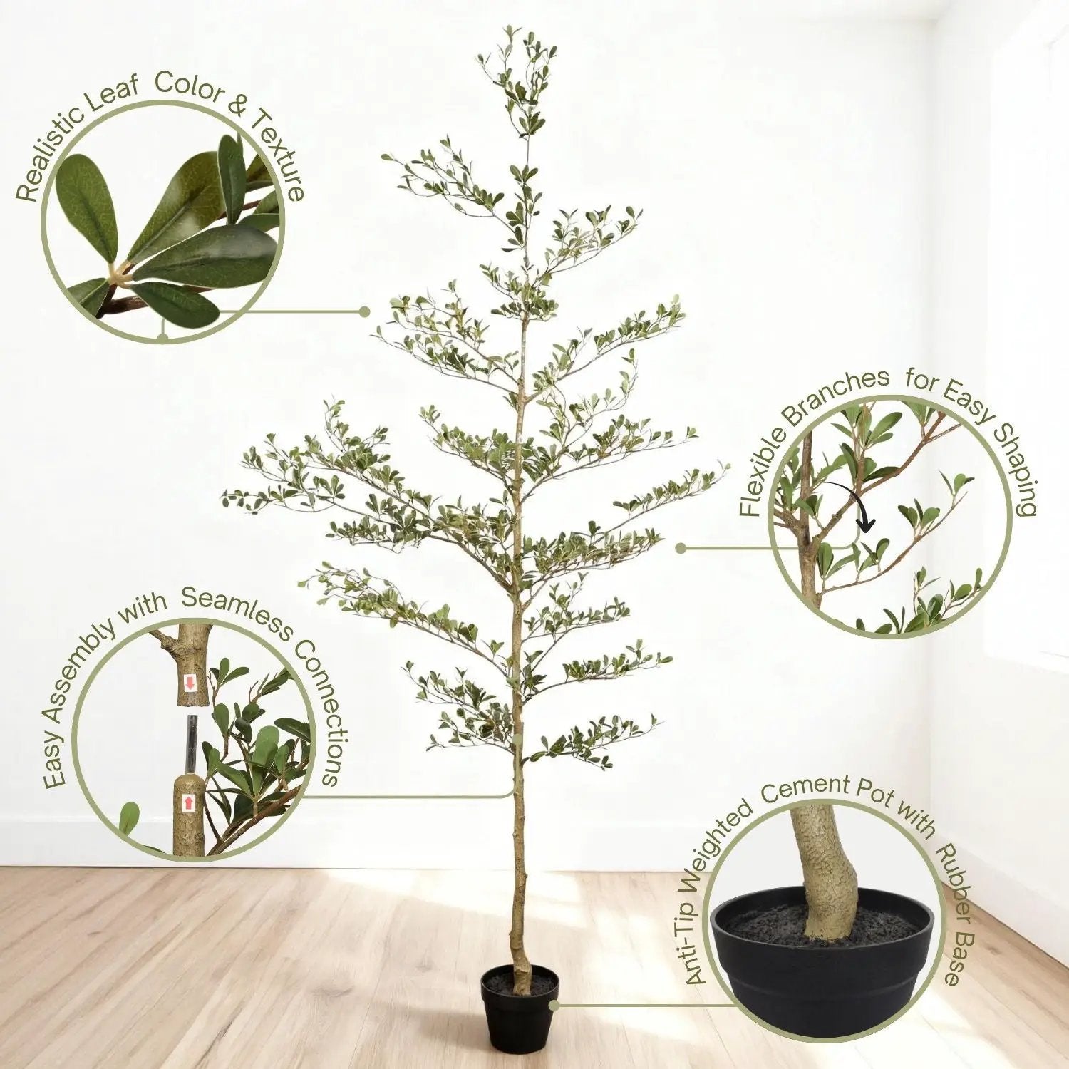 7Ft Artificial Olive Tree With Pot, Realistic Tall Fake Plant For Indoor Decoration - Green Leaves by Unique Piece Furniture