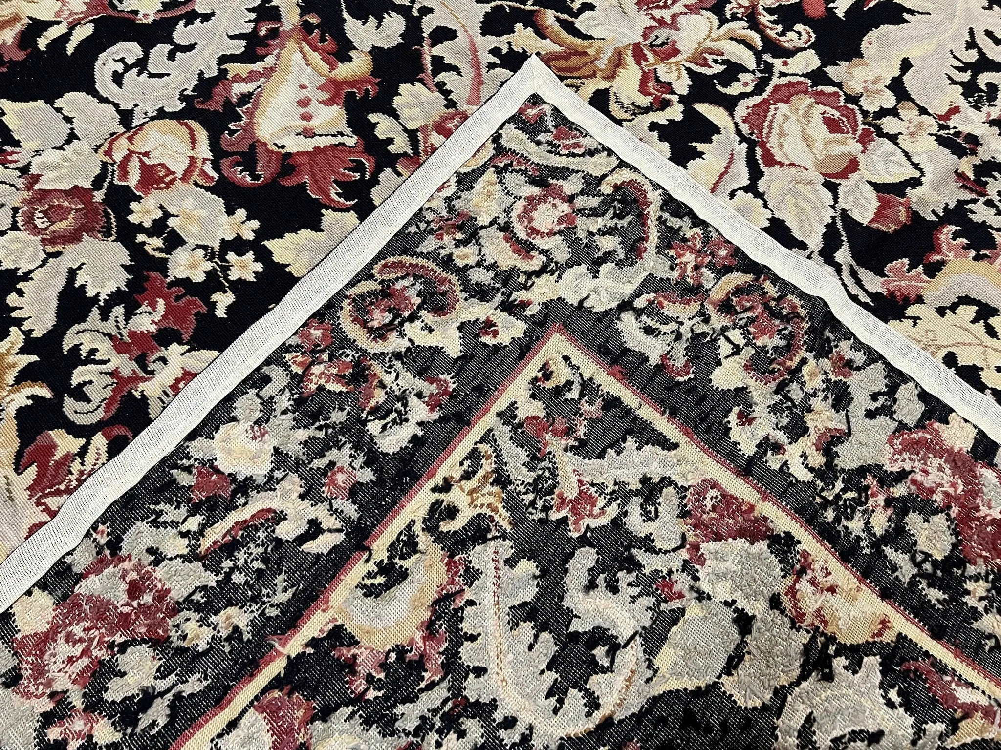 Wool Needlepoint Rug 9x12, William Morris Vintage Chinese Needlepoint Carpet 9 x 12, Handwoven, Allover Floral Area Rug, Black Light Green by Jewel Rugs