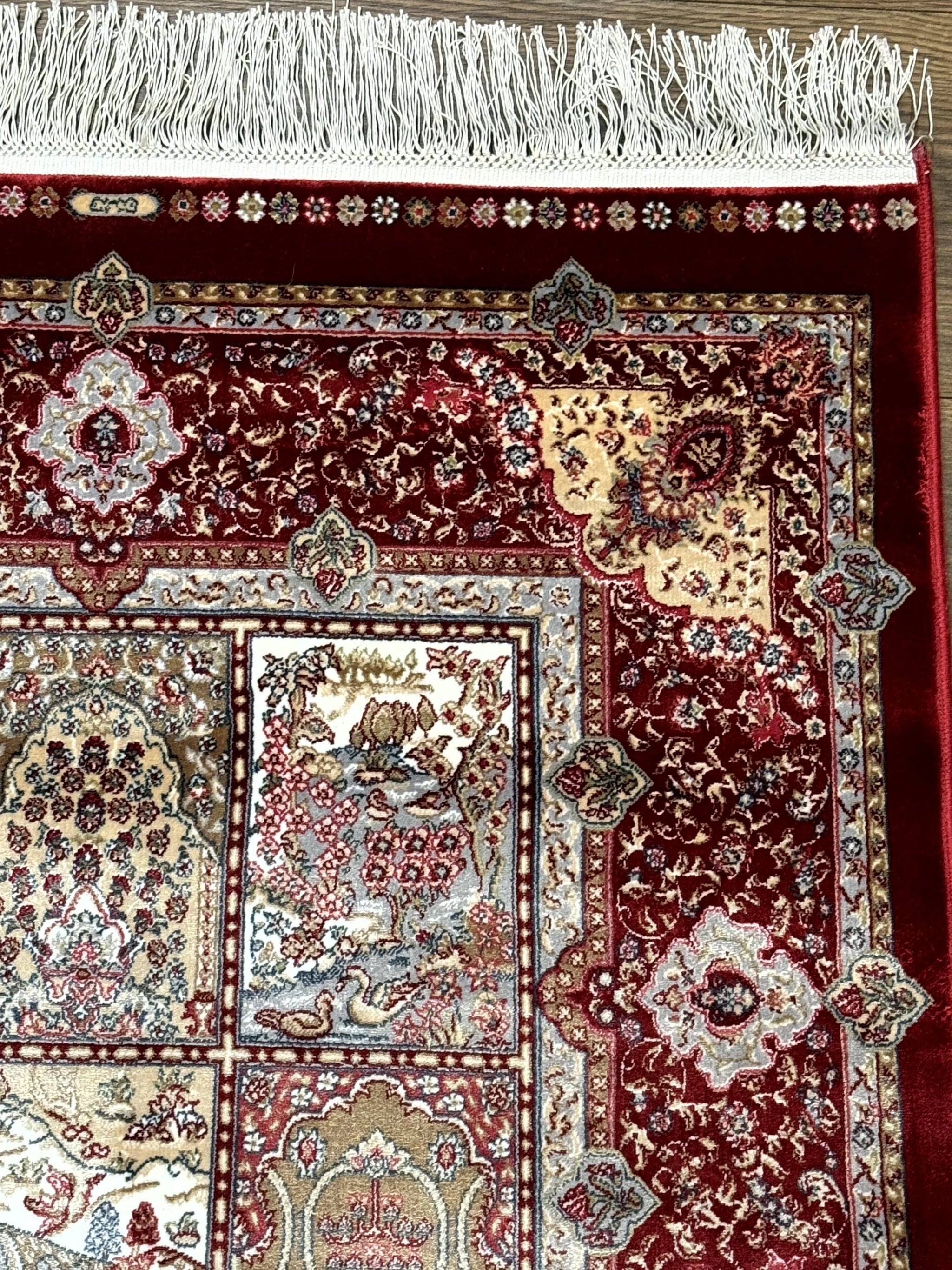 Turkish Silk Runner Rug 2.6 x 11.6, Panel Design, Dark Red Ivory, Bamboo Silk, New by Jewel Rugs