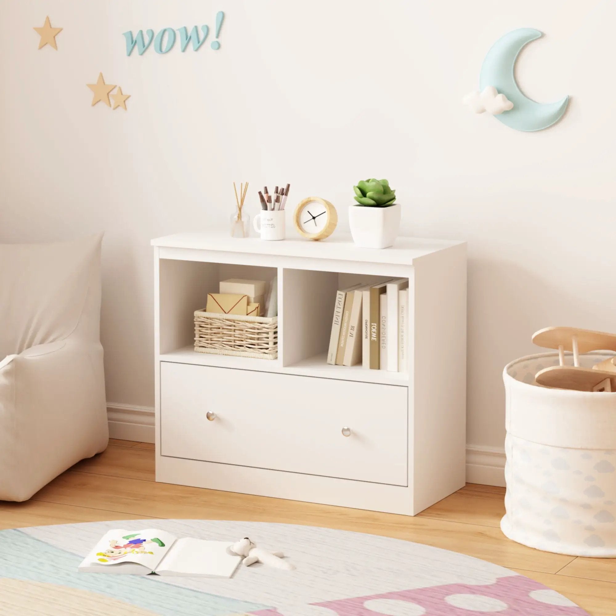 Toy Storage Organizer With Large Drawer And Low Bookshelf For Nursery & Playroom - White by Unique Piece Furniture