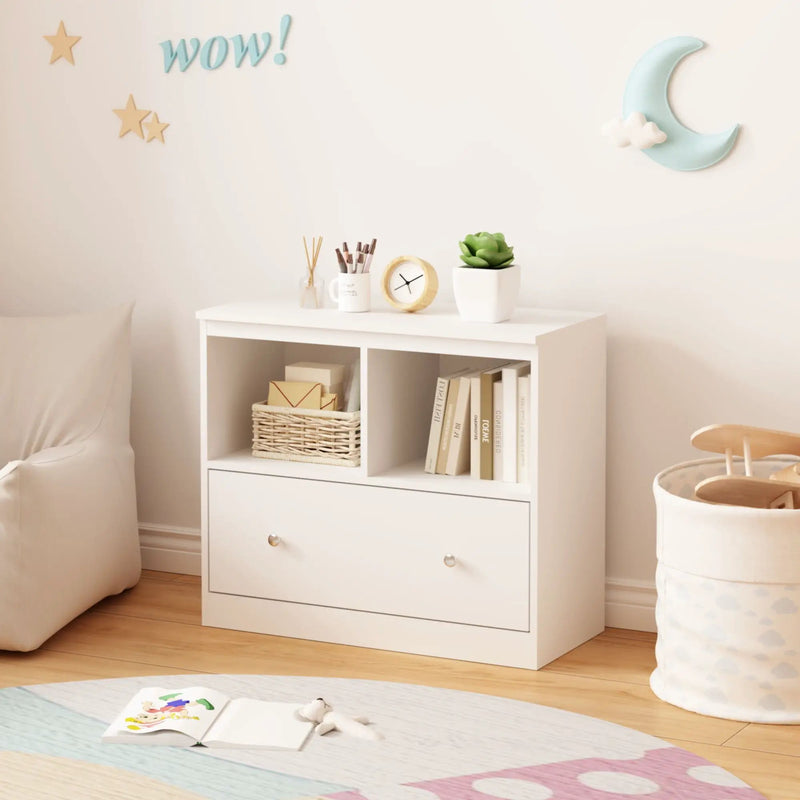 Toy Storage Organizer With Large Drawer And Low Bookshelf For Nursery & Playroom - White by Unique Piece Furniture
