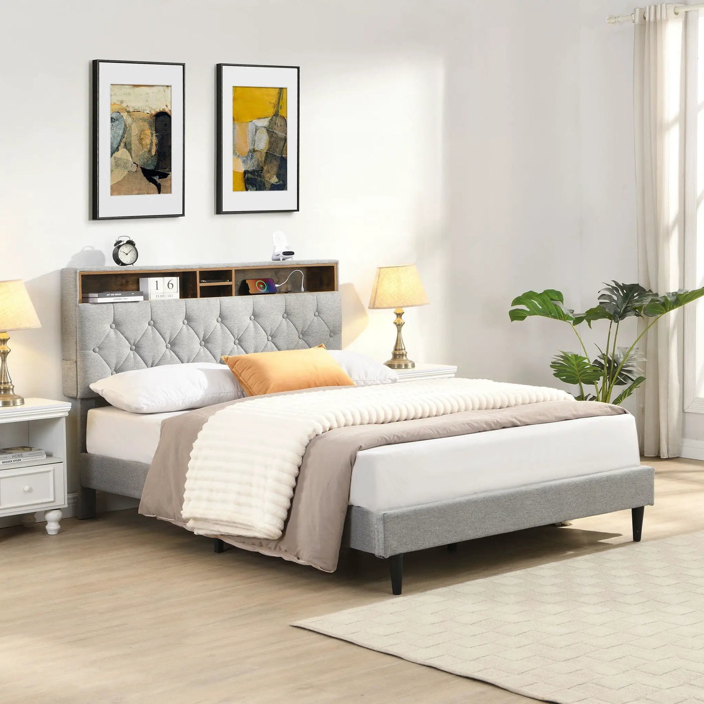 Modern Upholstered Platform Bed Frame With Button Tufted Headboard And USB Ports by Unique Piece Furniture