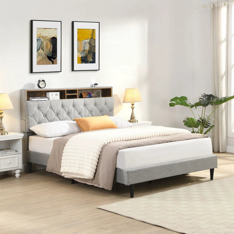 Modern Upholstered Platform Bed Frame With Button Tufted Headboard And USB Ports by HouseOfZazla