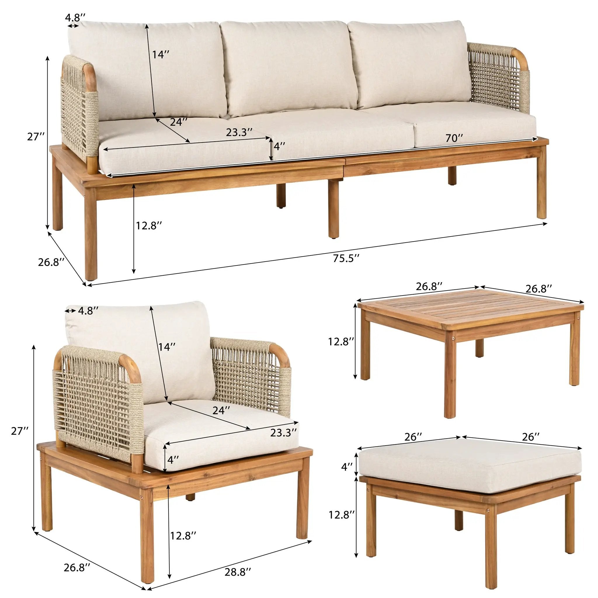 Outdoor 5-Piece Acacia Wood and Rope Patio Sofa Set by HouseOfZazla