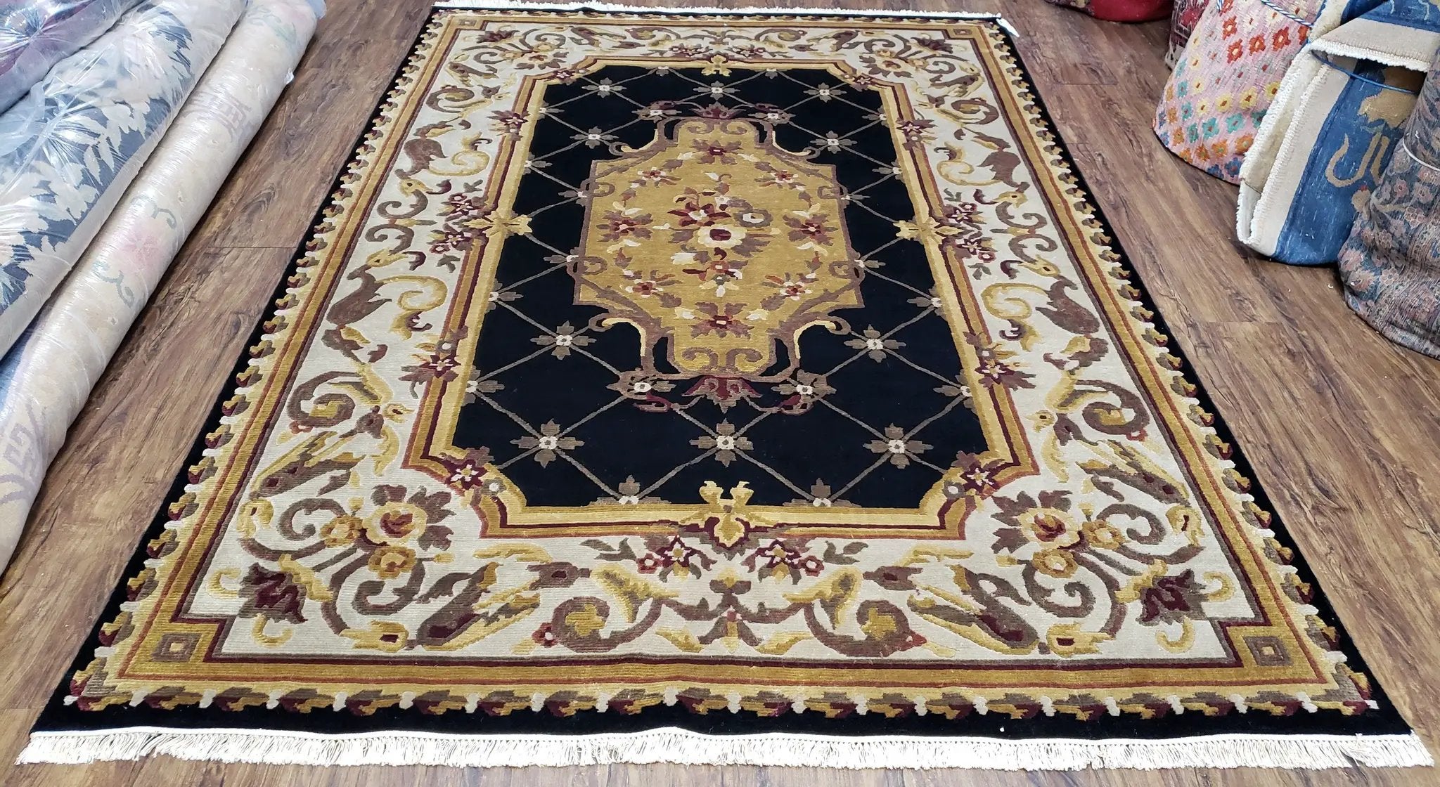 6x9 Nepalese Rug, Aubusson Savonnerie Area Rug 6 x 9 with Soft Pile, Hand-Knotted Wool Black & Beige Tibetan New Carpet European Design by Jewel Rugs
