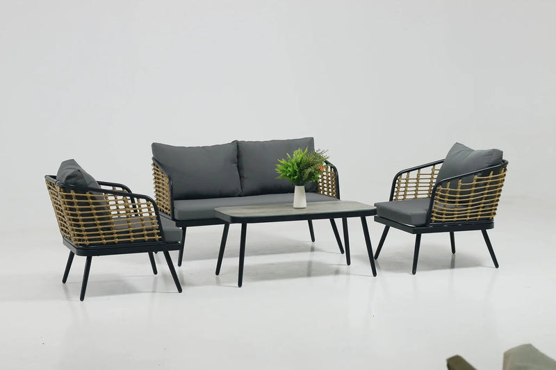 4 Pieces Patio Furniture Set, PE Rattan Wicker With Washable Cushion And Tempered Glass Tabletop, Conversation Furniture For Garden Poolside Balcony by HouseOfZazla