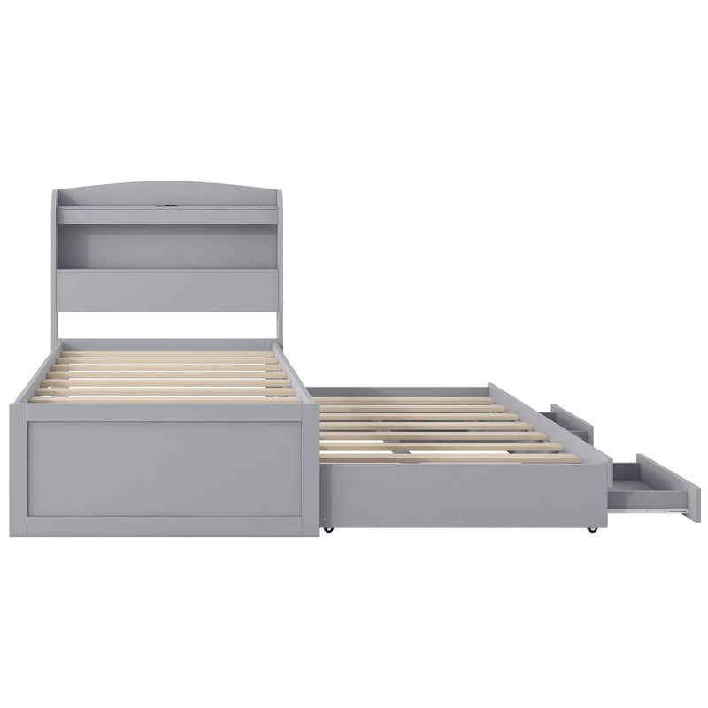 Platform Bed With LED Headboard, Charging Station, Trundle And 2 Drawers
