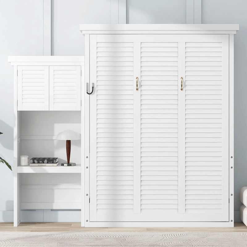Queen Size Murphy Bed With Louvered Design And Multiple Storage Shelves - White by HouseOfZazla