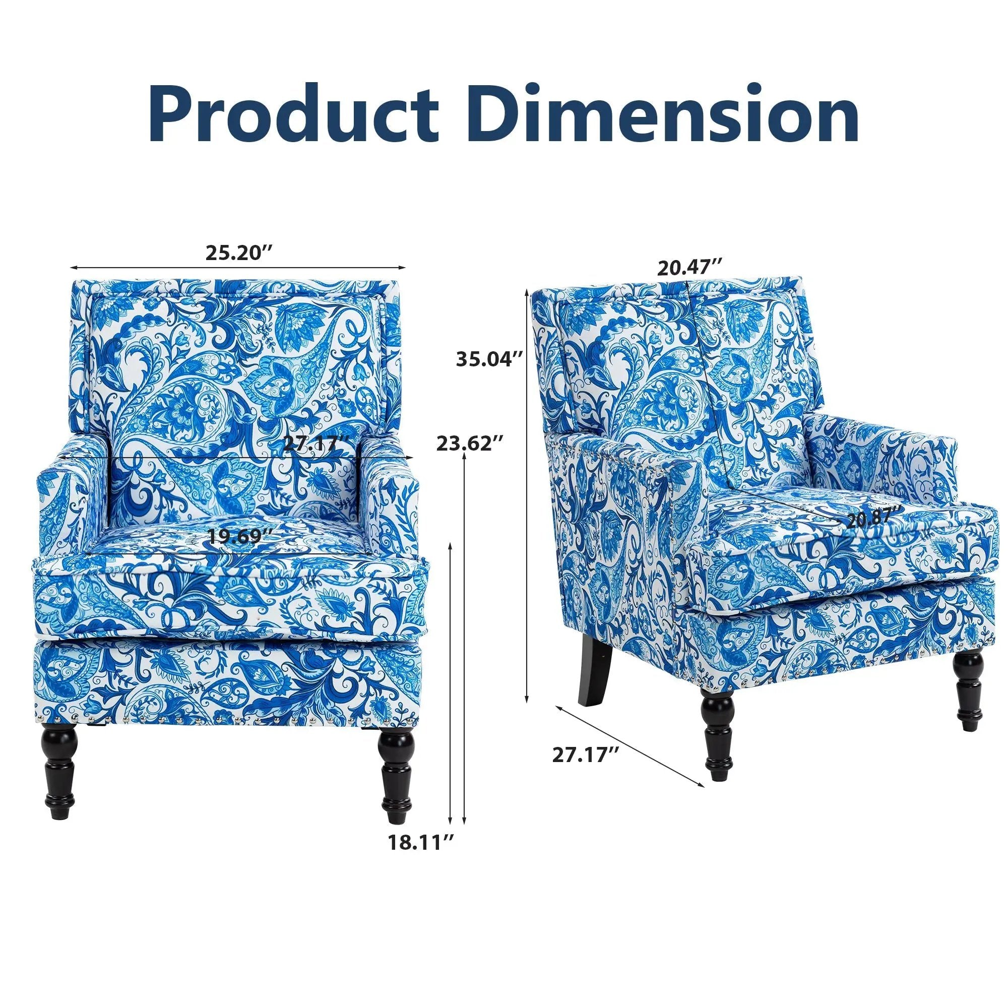 Upholstered Accent Chair with Blue and White Porcelain Print Linen Fabric by HouseOfZazla