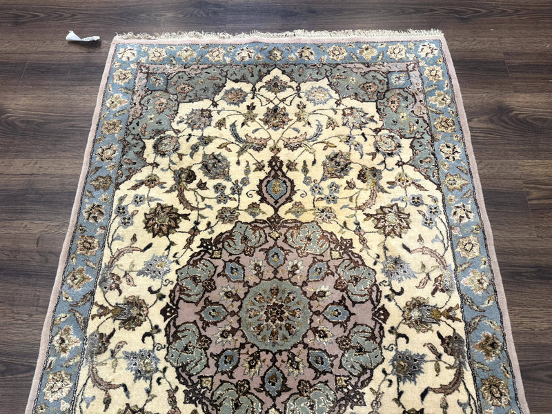 Persian Isfahan Rug 3x5, Fine 310 KPSI, Kork Wool Silk Foundation, Cream & Light Green by Jewel Rugs