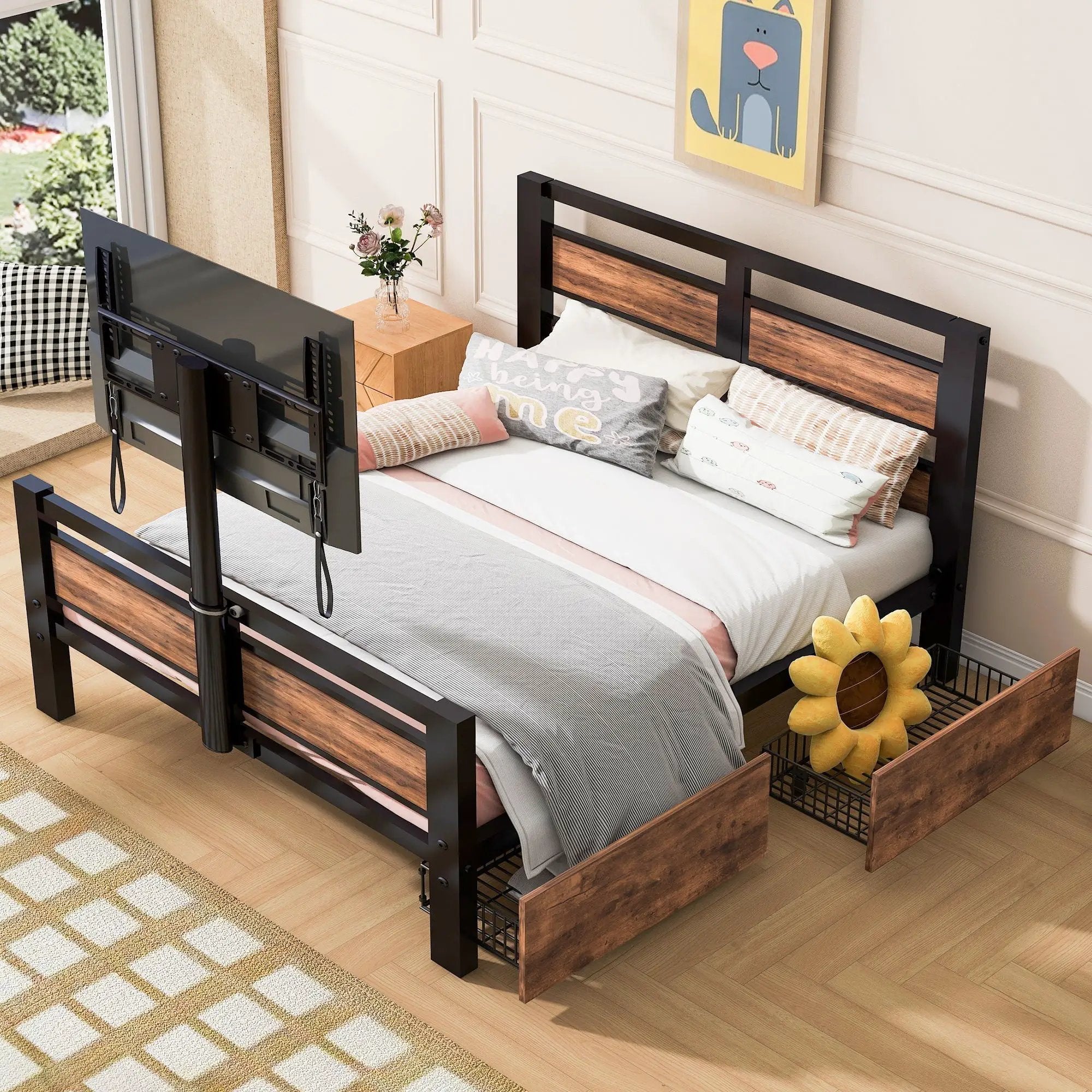 Twin Size Platform Bed With Headboard And Footboard, 2 Storage Drawers And Rotatable TV Stand - Black by Unique Piece Furniture