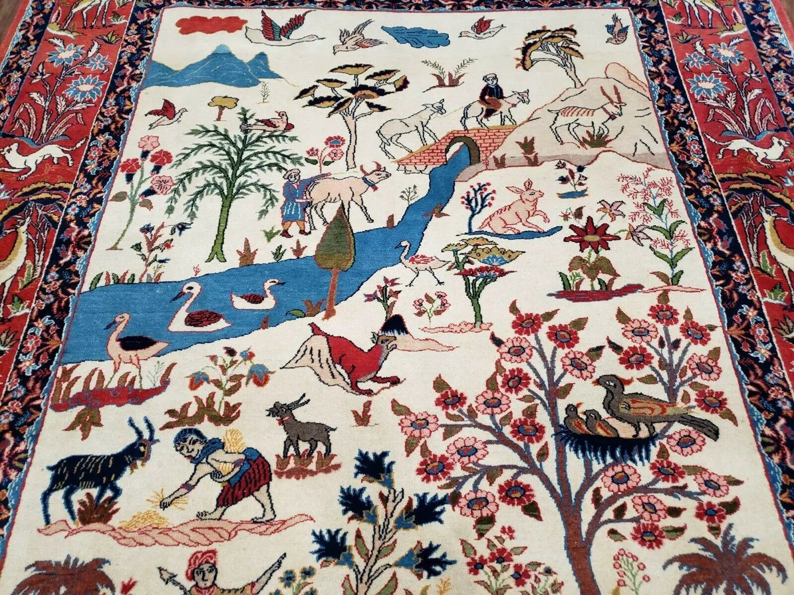 Antique Persian Isfahan Rug 5x7, Animal and Human Pictorials, Hand Knotted Fine Oriental Wool Carpet, Cream and Red, High KPSI, Vintage Rug 5 x 7 ft by Jewel Rugs