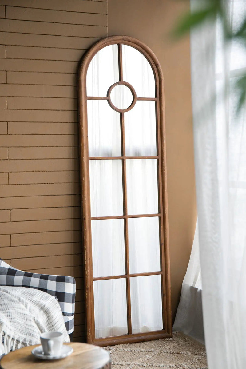 Half Round Elongated Mirror With Decorative Window Look Classic Architecture Style Solid Fir Wood Interior Decor - Brown by Unique Piece Furniture