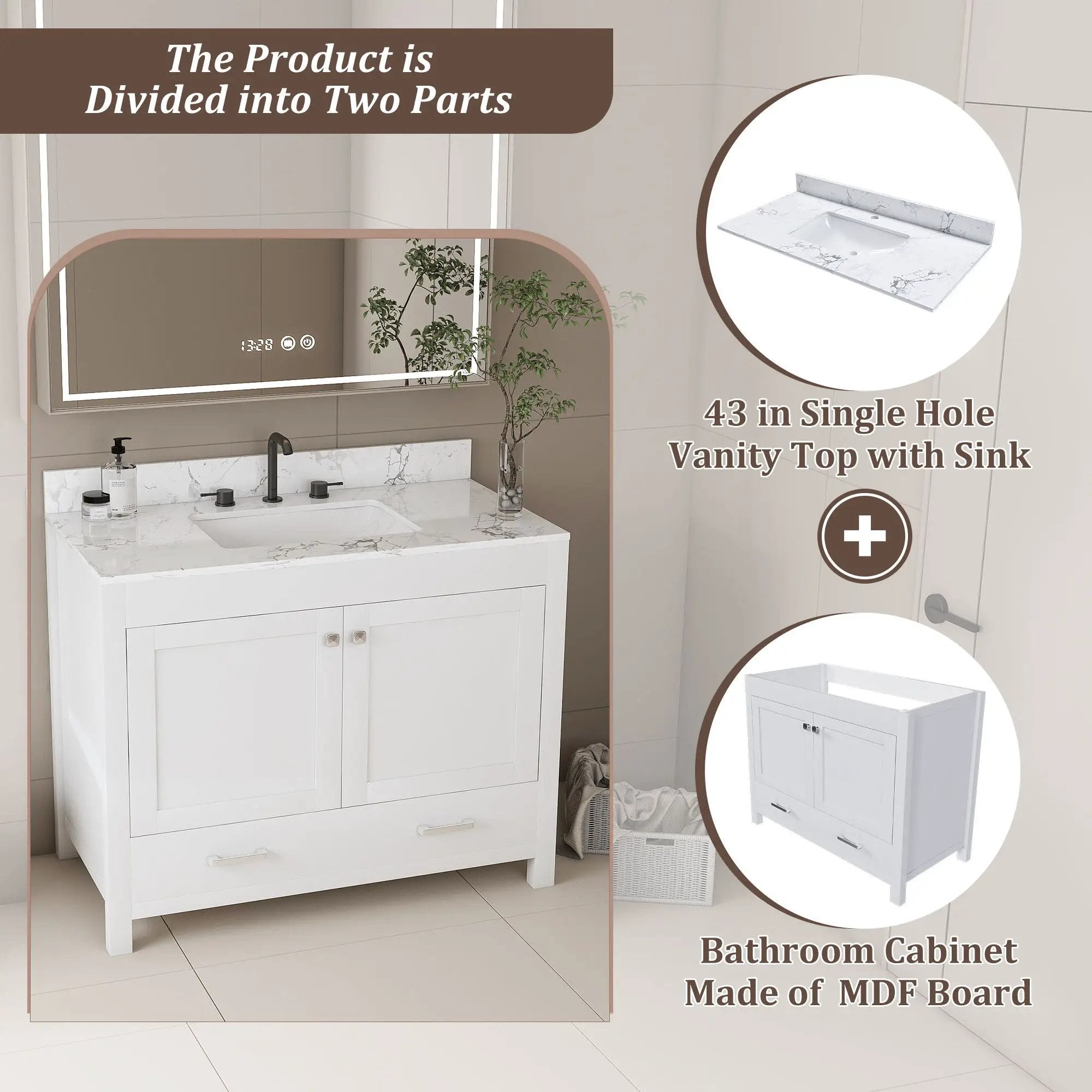 43" Bathroom Vanity With Artificial Marble Carrara Top Set, Multi Functional Bathroom Cabinet With Doors And Drawer - White by HouseOfZazla