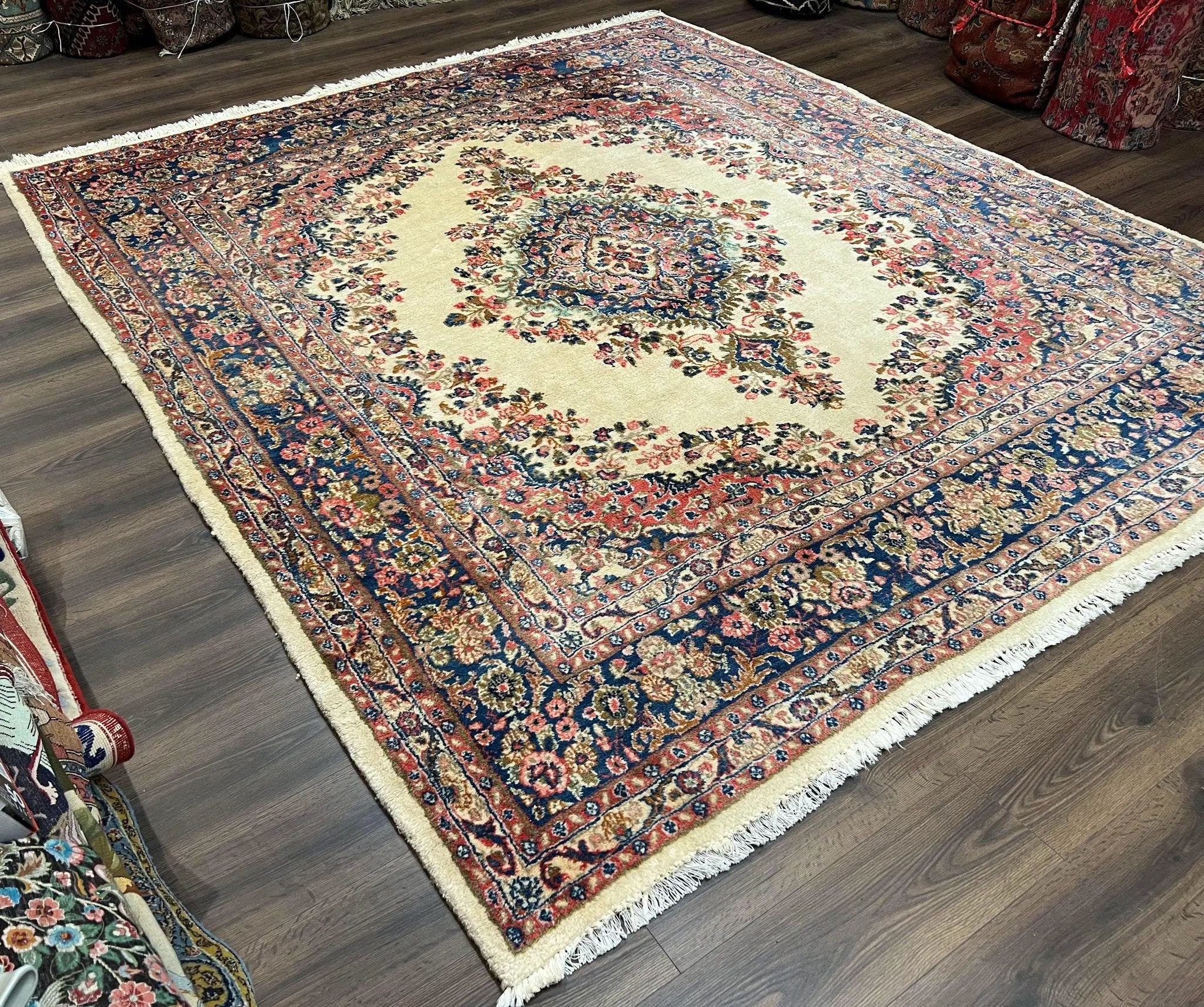 Persian Rug 9x10, Hamadan Rug, Antique Oriental Carpet, Wool Rug, Semi Open Field, Cream and Navy Blue, Kirman Design Hand Knotted Almost Square Rug by Jewel Rugs