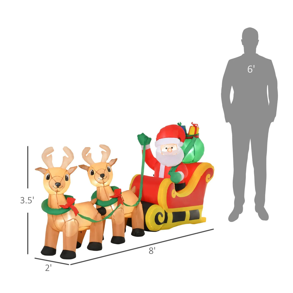 HOMCOM 8ft Long Christmas Inflatable Santa Claus with Sleigh and Reindeer by HouseOfZazla