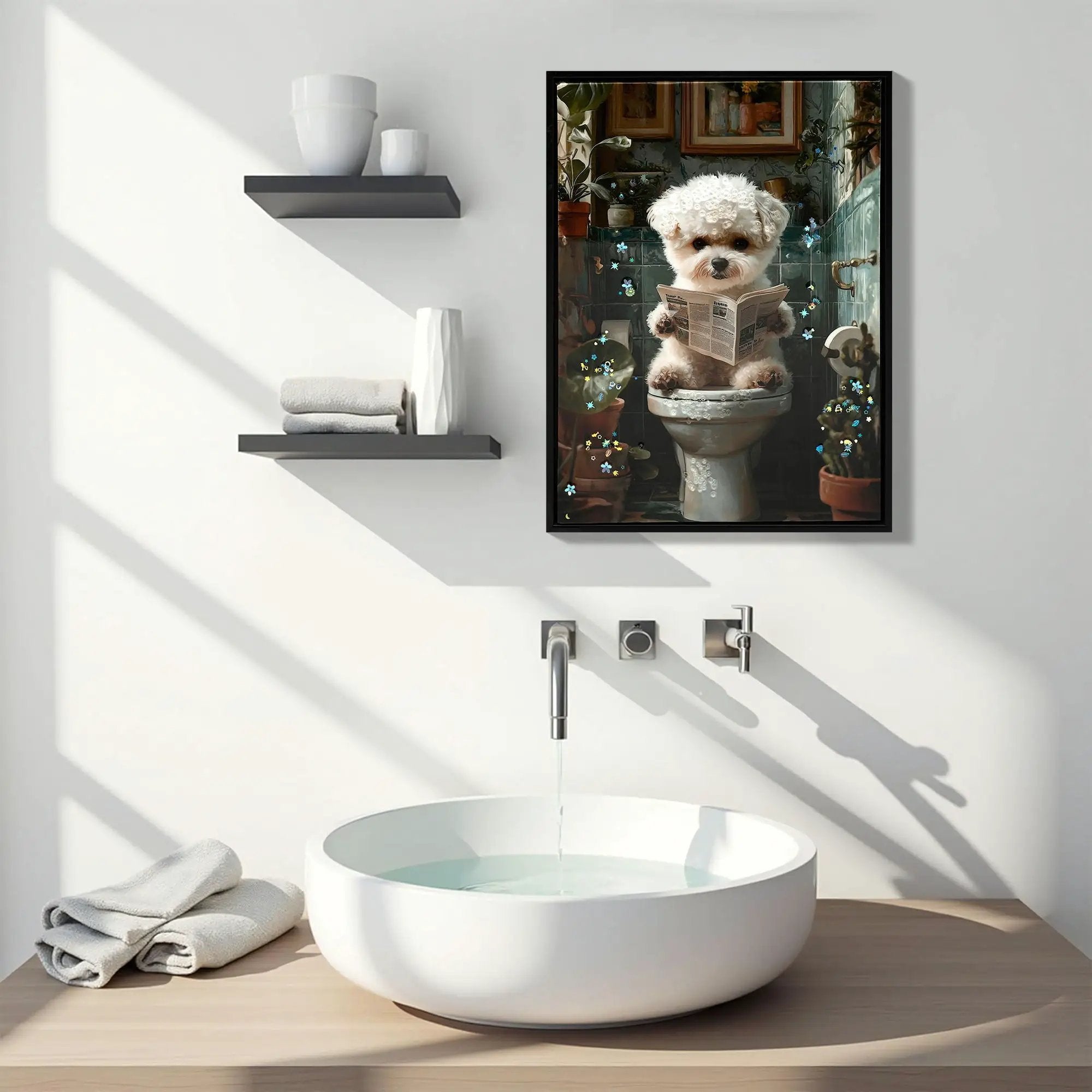 Framed Bathroom Decor, Cute Puppy Wall Art In Picture Frame, 3D Canvas Print - Indigo / White by Unique Piece Furniture