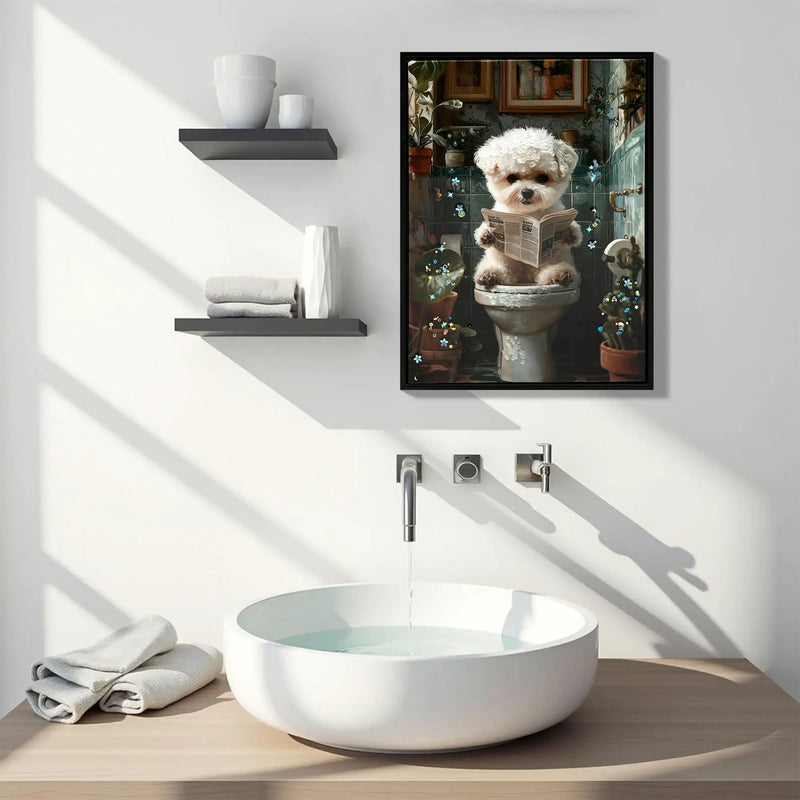 Framed Bathroom Decor, Cute Puppy Wall Art In Picture Frame, 3D Canvas Print - Indigo / White by Unique Piece Furniture
