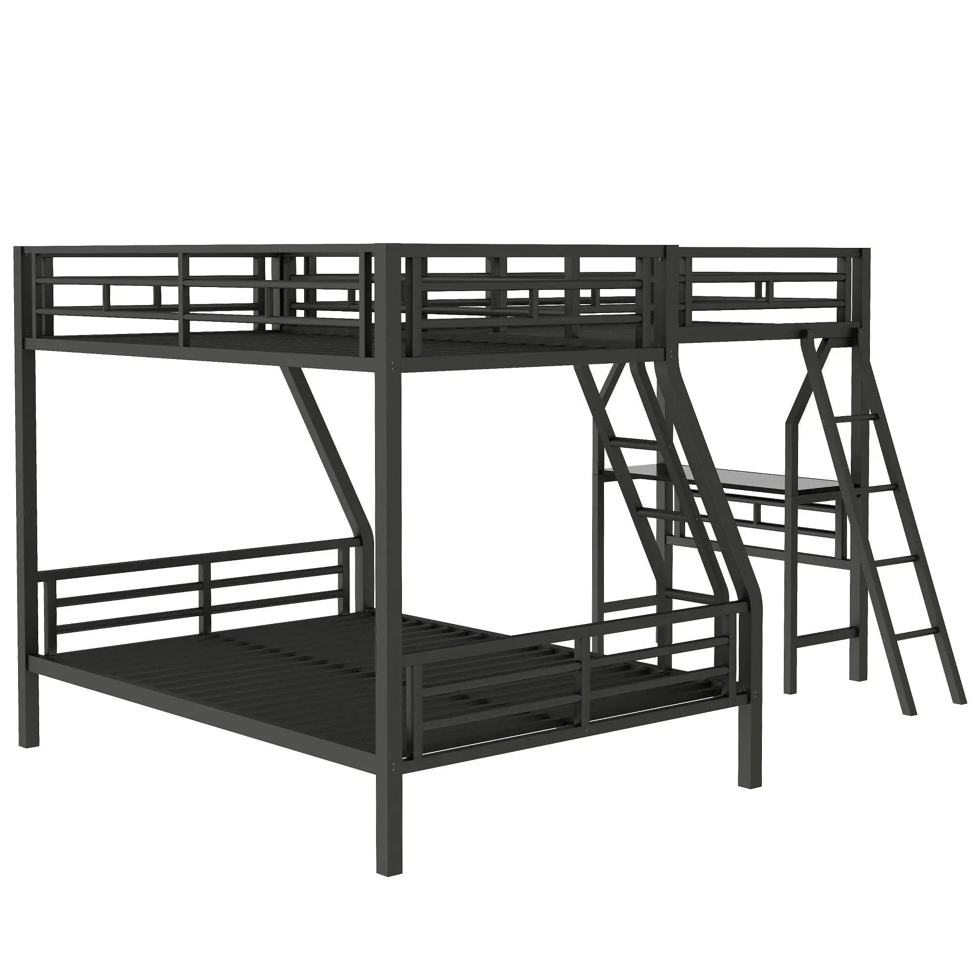 Twin Over Full Bunk Bed With Loft And Desk, L-Shaped Design For 3 Sleepers - Black by HouseOfZazla