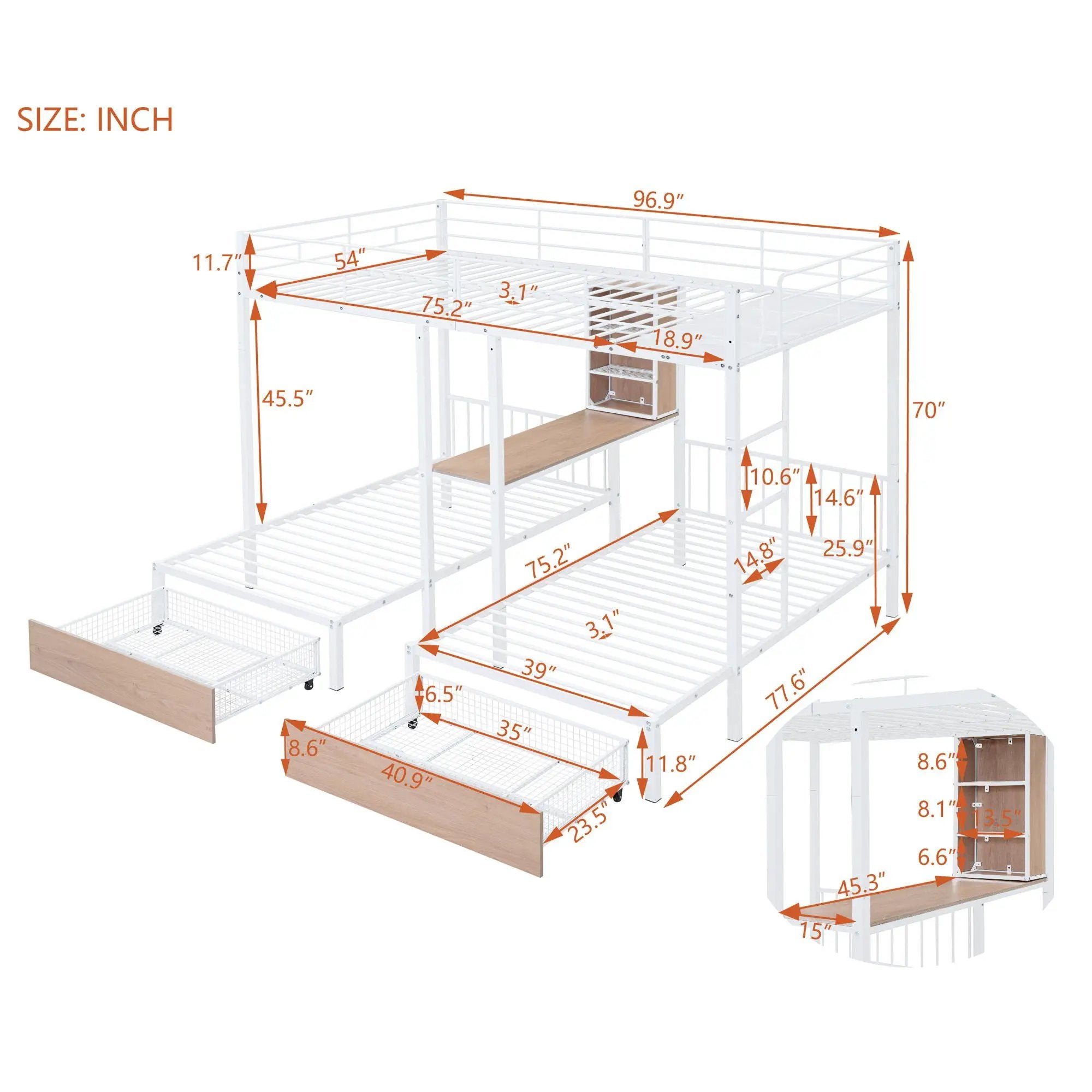 Triple Bunk Bed With Drawers, Multi-Functional Frame With Desks And Shelves In The Middle by HouseOfZazla
