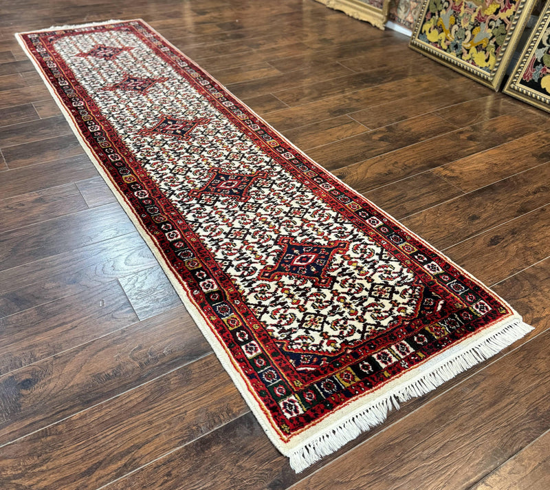 Indo Persian Bidjar Runner Rug 2.8 x 10, Vintage Rug for Hallway, 10ft Runner, Wool Handmade Ivory and Red, Medallions by Jewel Rugs