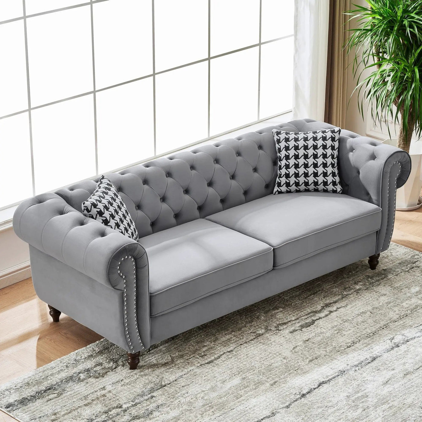 Chesterfield Upholstery Fabric Sofa With Roll Armrest & Nailhead, Mid Century Modern 3 And 3 Seater Couch by HouseOfZazla