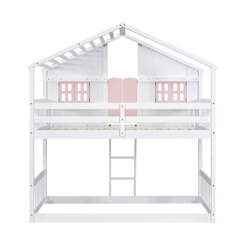 House Bunk Bed With Roof, Window, Window Box, Door, With Safety Guardrails And Ladder by HouseOfZazla