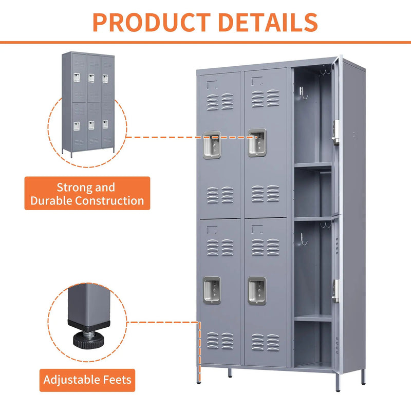 6 Door Lockers With Lock For Employees, Storage Cabinet For Home, Gym, Office, School, Garage - Gray by Unique Piece Furniture