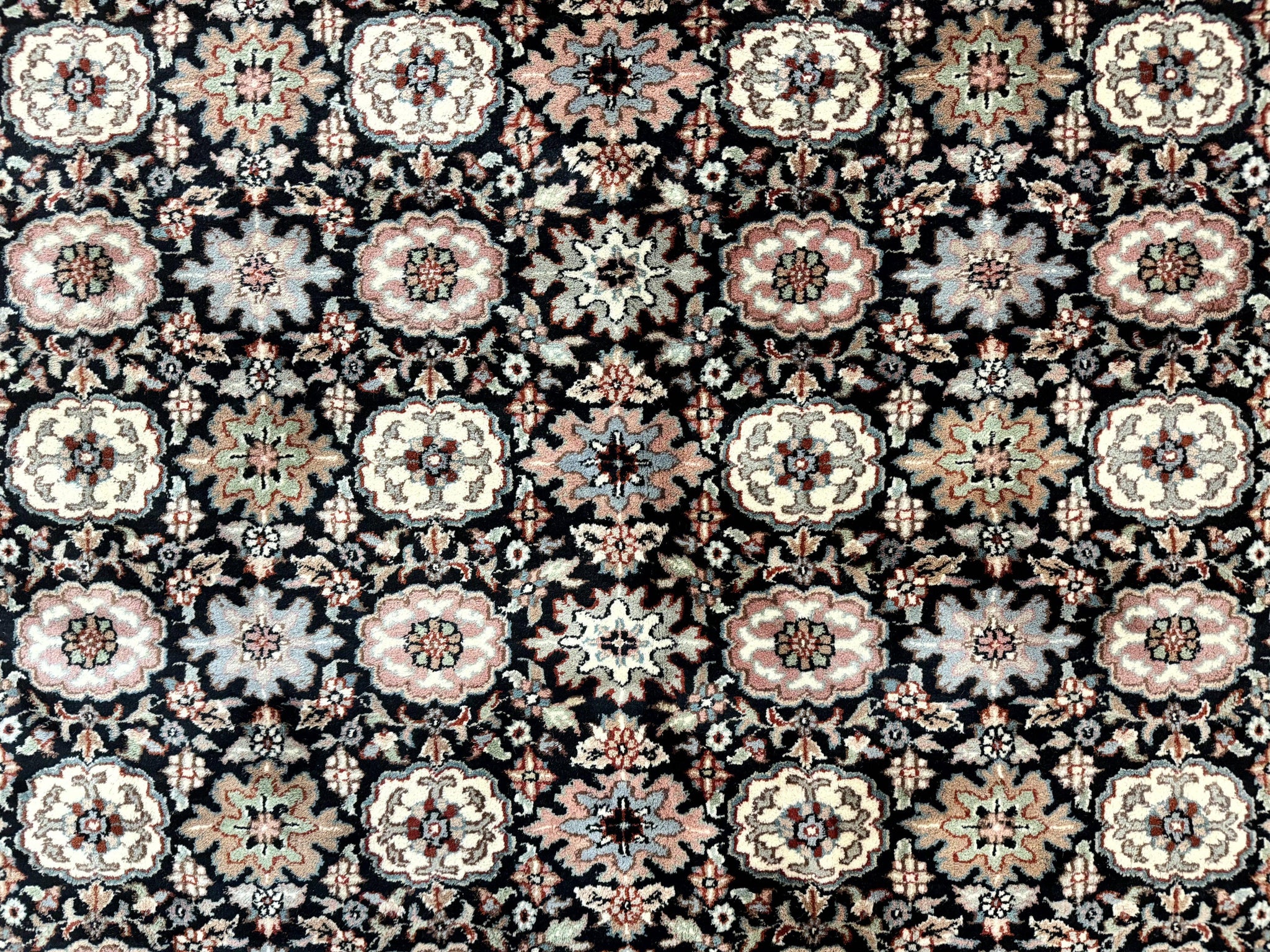 Indo Persian Rug 9x12, Vintage Handmade Wool Carpet, Repeated Allover Motif, Navy Blue and Pink by Jewel Rugs