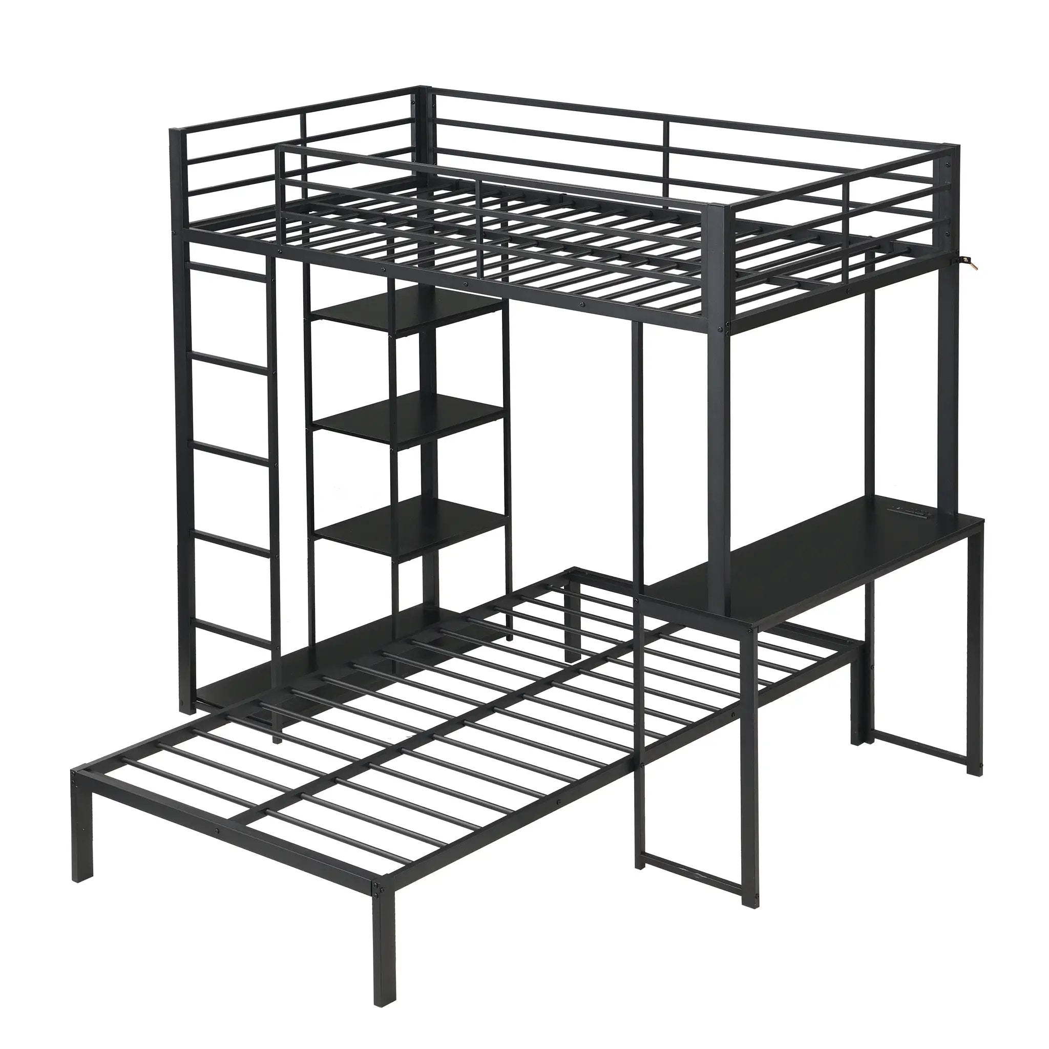 Metal Loft Bed Frame with LED Light Strip, Side Storage Shelves & Built-in Desk by HouseOfZazla
