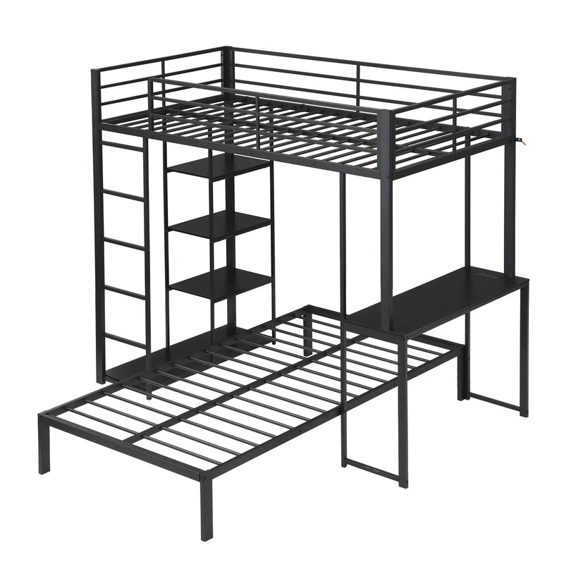 Metal Loft Bed Frame with LED Light Strip, Side Storage Shelves & Built-in Desk by HouseOfZazla