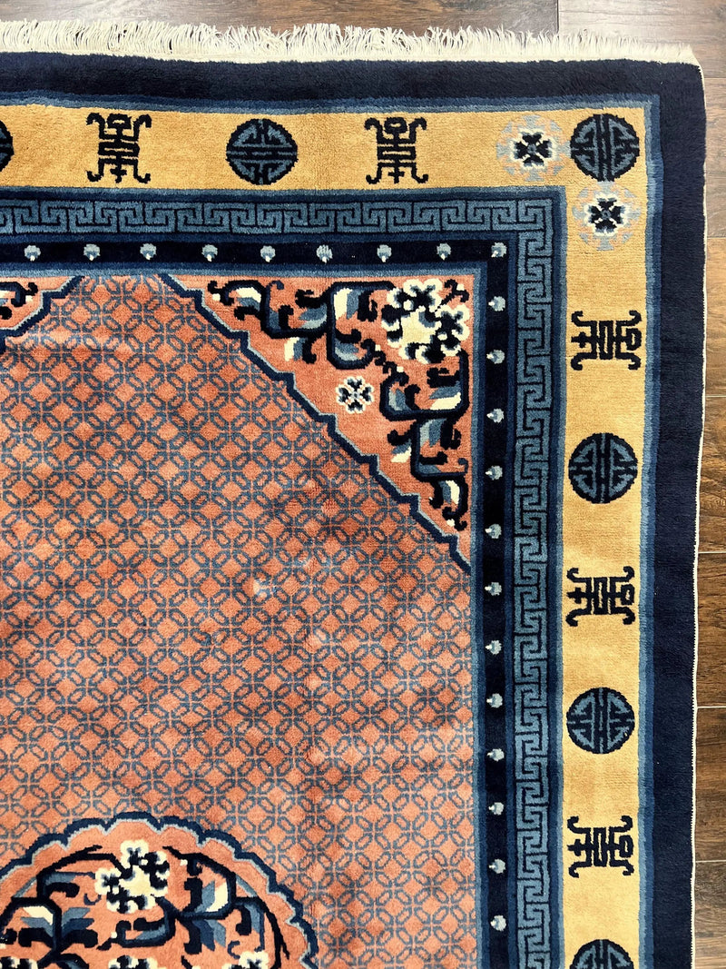 Chinese Peking Rug 5x8, Vintage Semi Antique Chinese Art Deco Carpet, Wool Pile Light Red/Salmon Gold Navy Blue, Handmade Asian Oriental Rug by Jewel Rugs