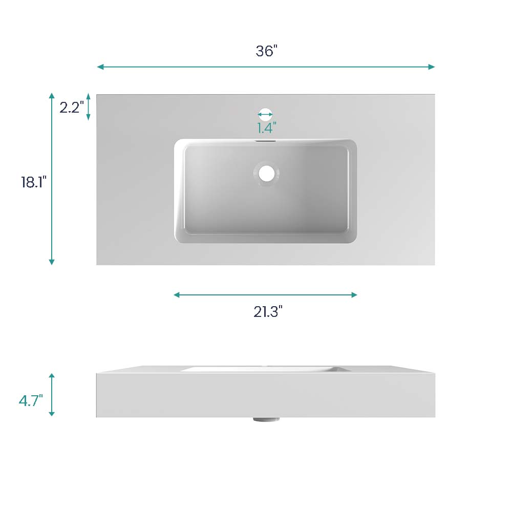 BB02-36-101 Integrated Solid Surface Basin Without Drain and Faucet, Glossy by HouseOfZazla