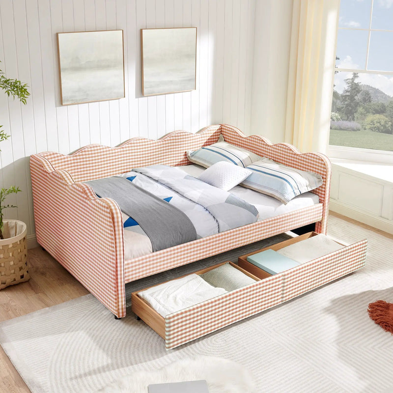 Gingham Daybed With USB Charging Port, Wave-Shaped Design by Unique Piece Furniture