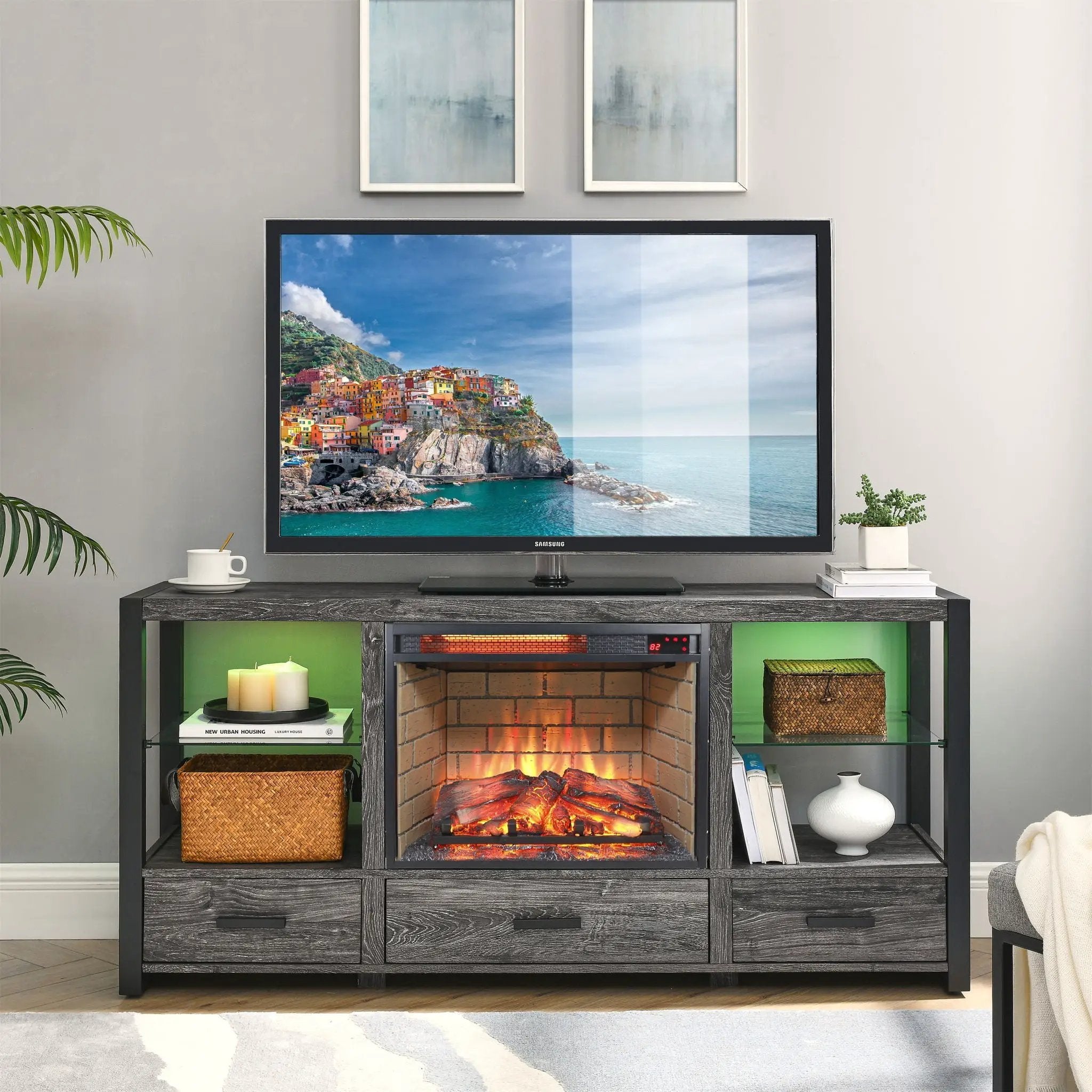 Infrared Quartz Heater Fireplace Insert -Woodlog Version With Brick by Unique Piece Furniture