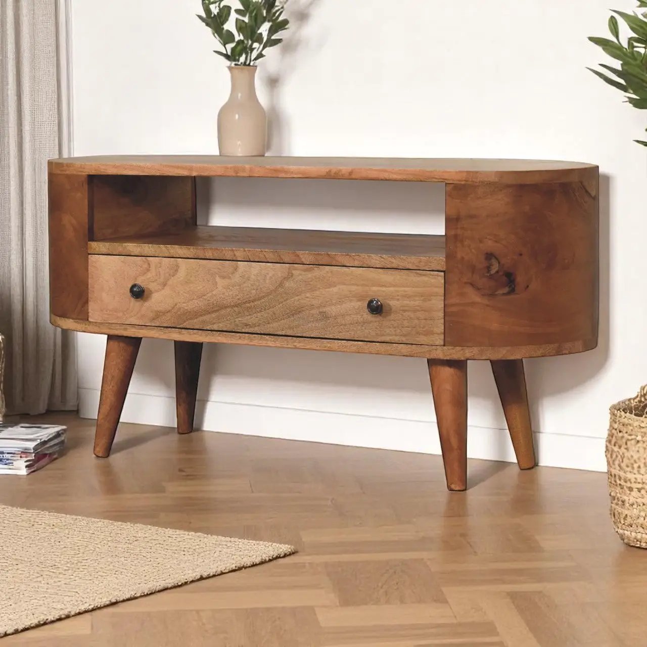 Solid Wood Mini Rounded Entertainment Unit, Nordic Legs by HouseOfZazla