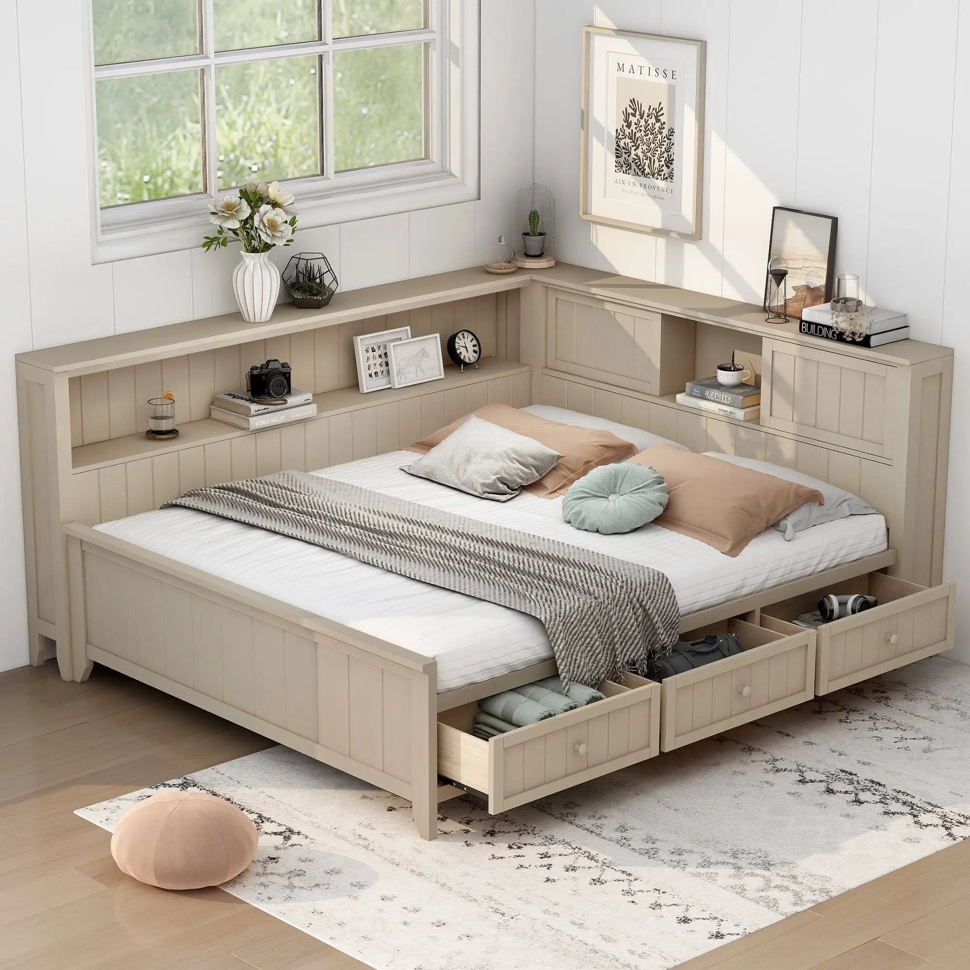 Full Size Wood Daybed with Storage Shelves and 3 Drawers by HouseOfZazla