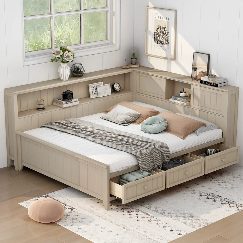 Full Size Wood Daybed with Storage Shelves and 3 Drawers by HouseOfZazla