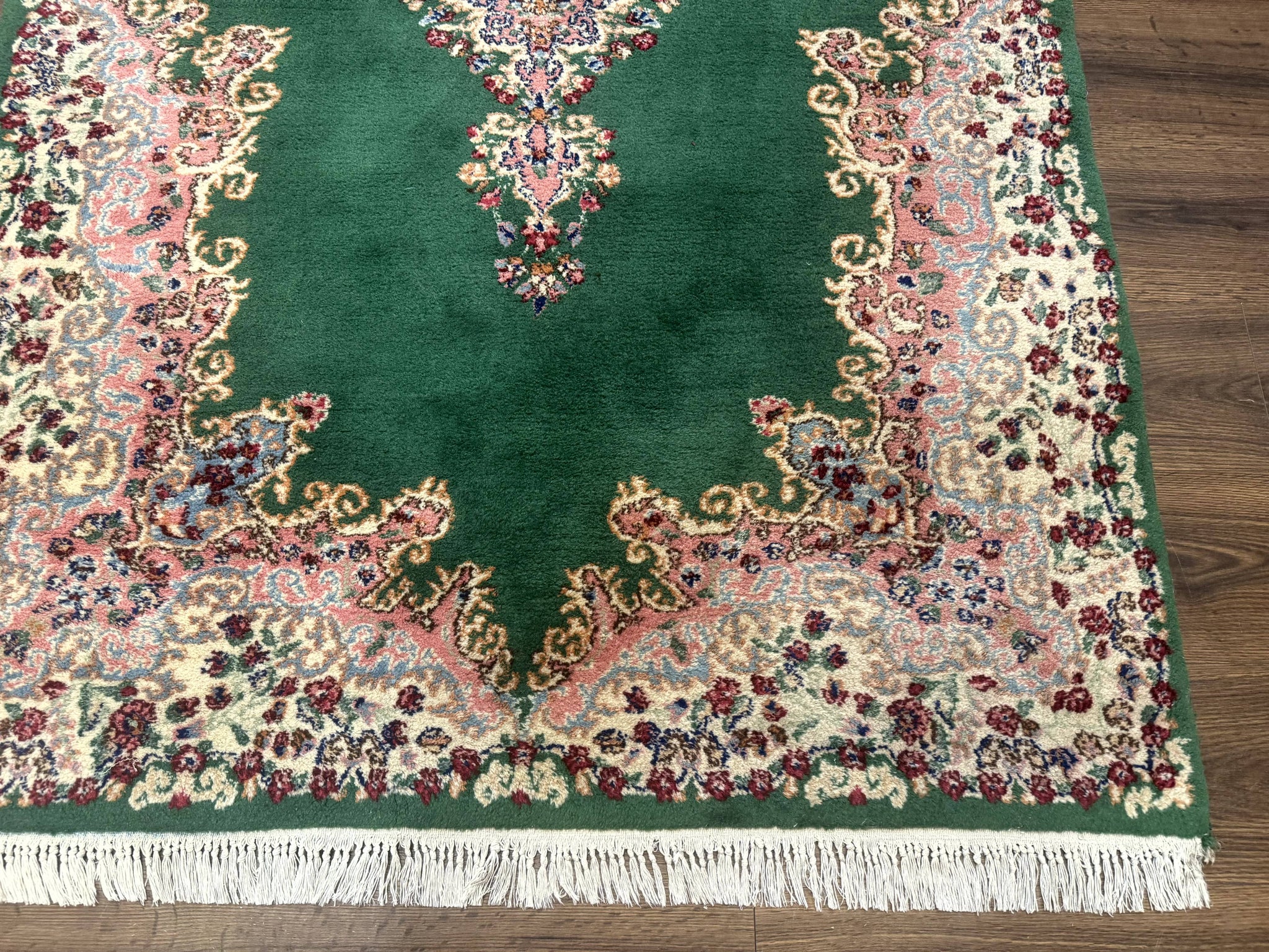 Green Persian Kerman Rug 4x6, Semi Open Field, Green & Cream, Vintage by Jewel Rugs