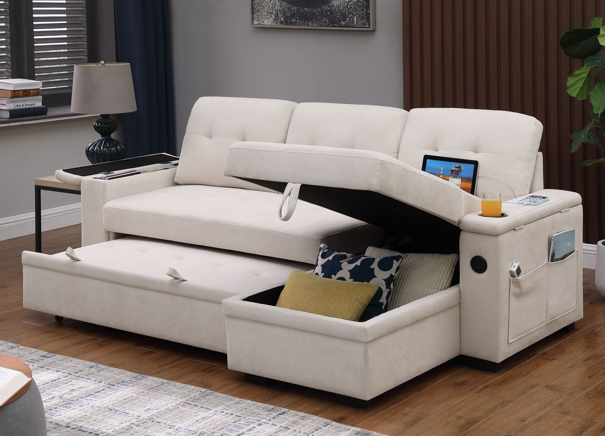 Ashlyn II - 84"W Woven Fabric Reversible Sleeper Sectional Sofa with Storage Chaise by HouseOfZazla