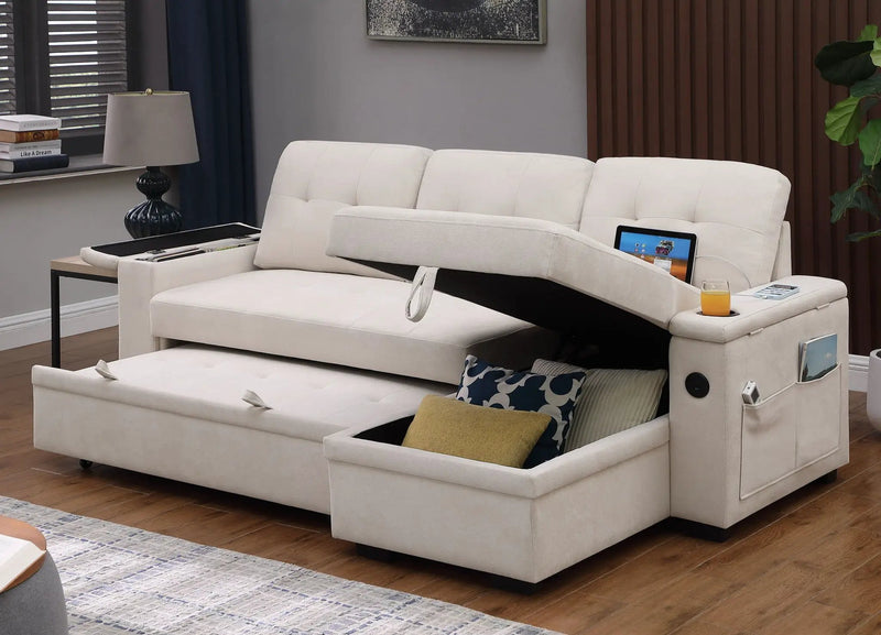 Ashlyn II - 84"W Woven Fabric Reversible Sleeper Sectional Sofa with Storage Chaise by HouseOfZazla