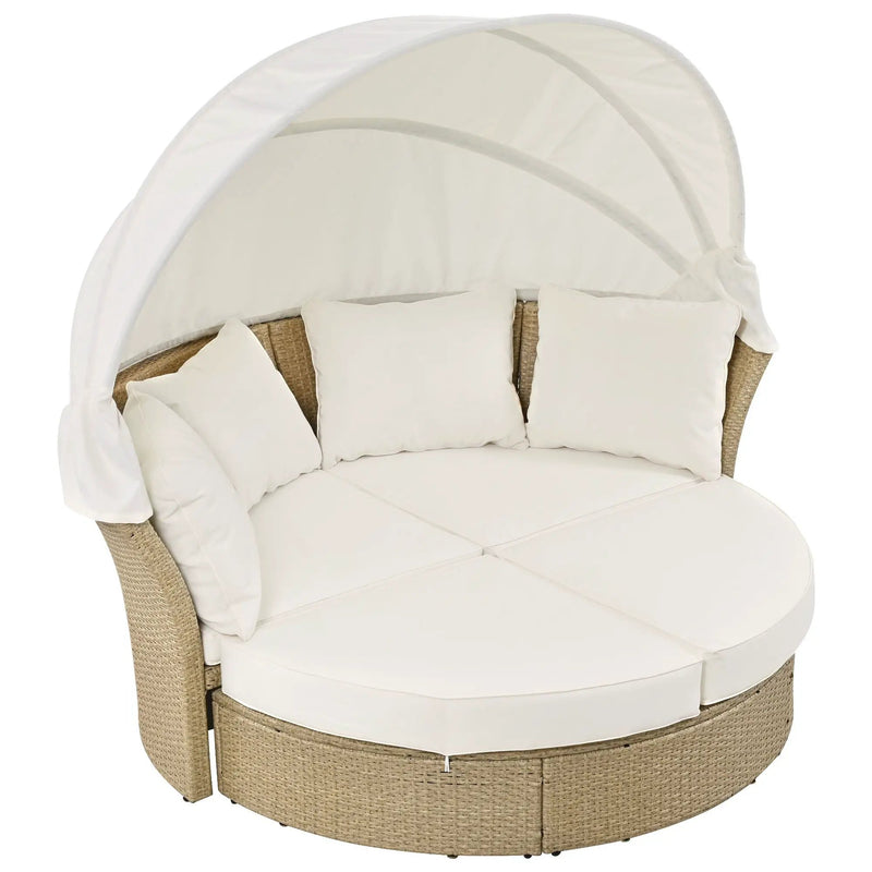 Outdoor Patio Daybed Wicker Rattan Double Daybed Round Sofa Furniture Set With Retractable Canopy, 4 Pillows For Lawn Garden by HouseOfZazla