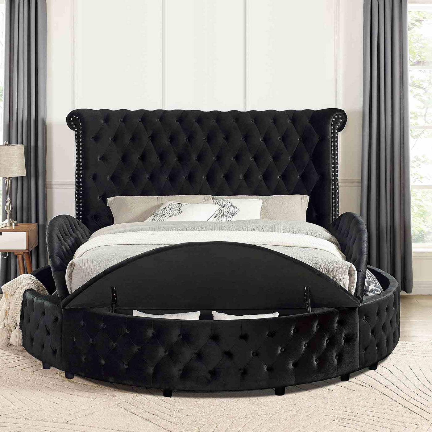 Glam Button Tufted Wingback Round Bed With Storage And USB Ports by Unique Piece Furniture