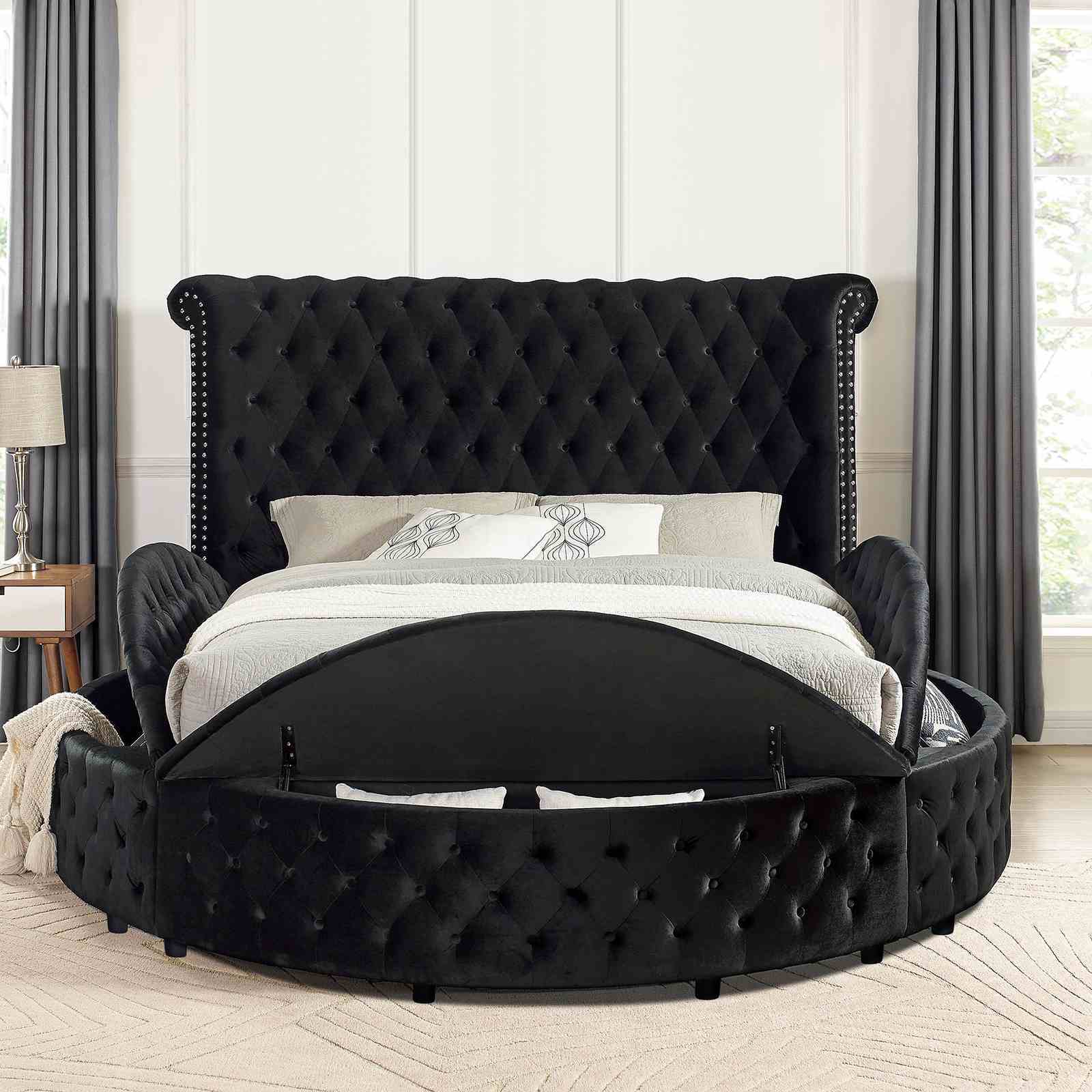 Glam Button Tufted Wingback Round Bed With Storage And USB Ports by Unique Piece Furniture