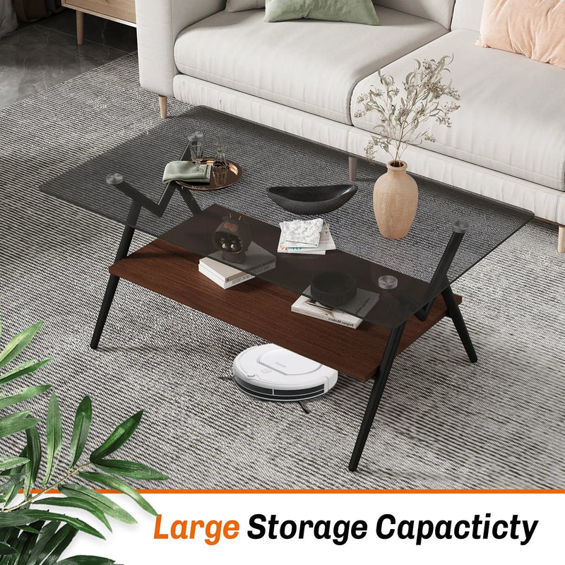 Rectangle Coffee Table With Tempered Glass Top And Shelf, Modern Table For Living Room by HouseOfZazla