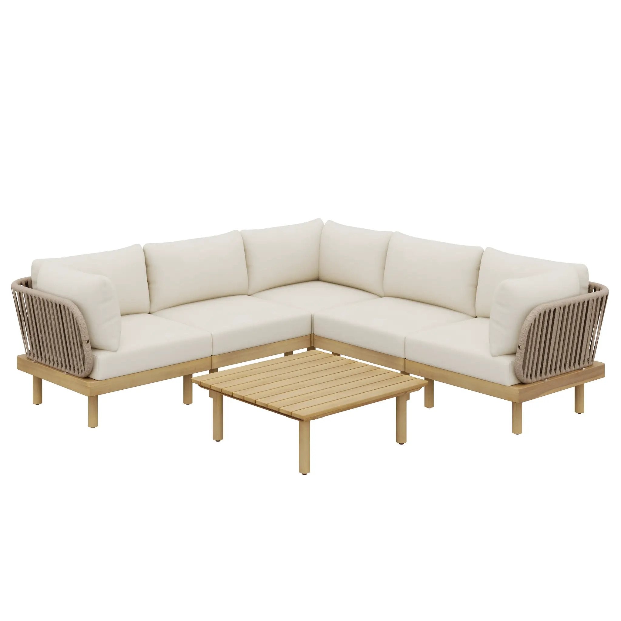 6-Piece Acacia Wood L-Shaped Modular Outdoor Sofa Set with Rope Back & Weather-Resistant Cushions by HouseOfZazla