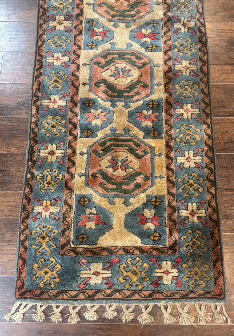 Turkish Kazak Runner Rug 3x11, Cream and Light Blue, Vintage by Jewel Rugs