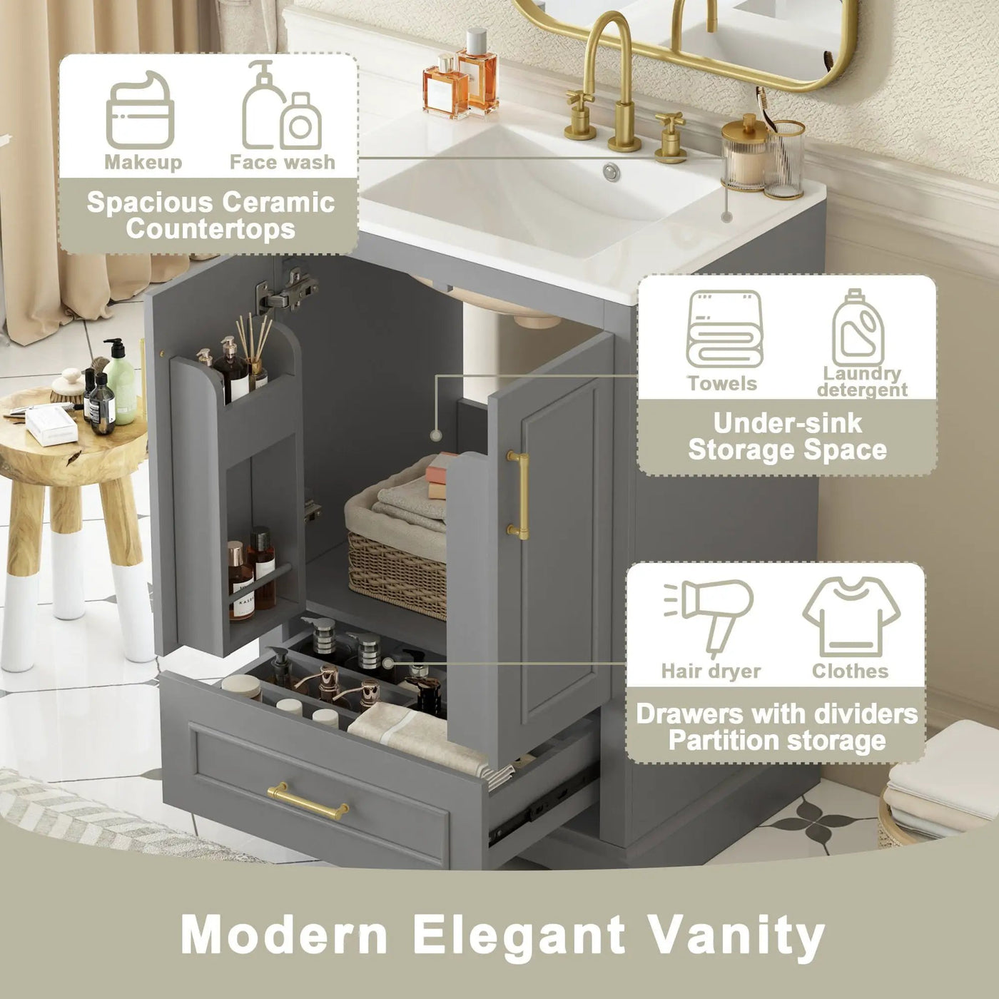 Bathroom Vanity With Sink, 1 Divided Drawer And 2 Soft Close Doors With Double Shelf by Unique Piece Furniture